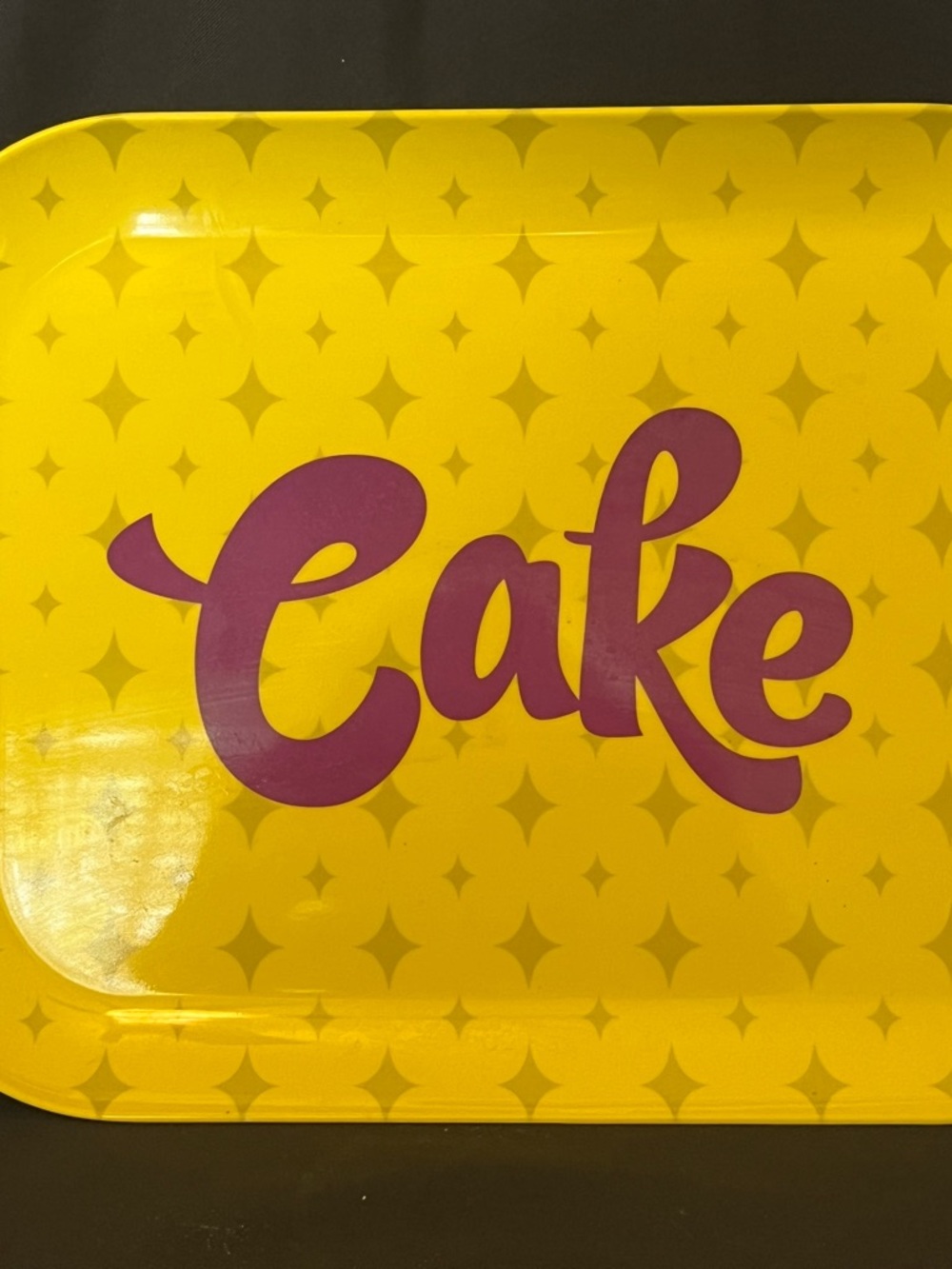 Yellow Melamine Cake Serving Tray with Purple Script